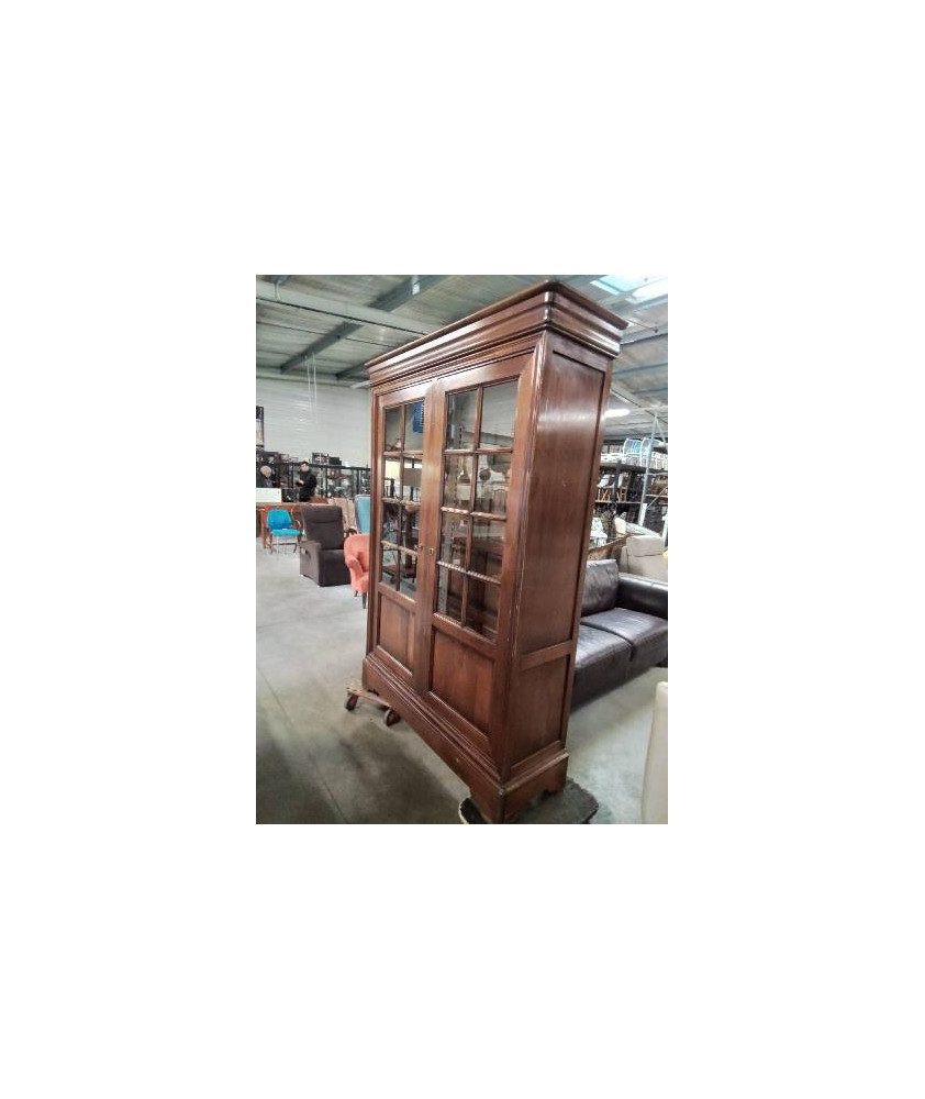 BIBLIOTHÈQUE VITRÉE A PETITS CARREAUX BOIS MOULURÉ STYLE LOUIS PHILIPPE 