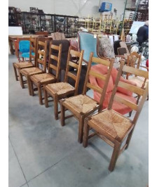 6 CHAISES BOIS PAILLÉ A ENTRETOISE DOSSIER 3 BARREAUX 