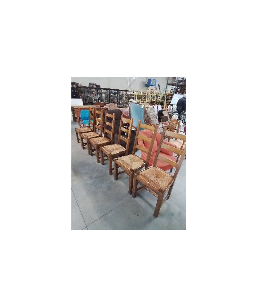 6 CHAISES BOIS PAILLÉ A ENTRETOISE DOSSIER 3 BARREAUX 