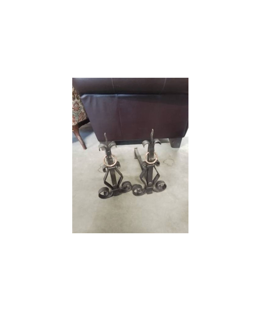 PAIRE DE CHENETS FER FORGÉ ANSE CUIVRE