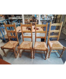 4  CHAISES BOIS PAILLÉ A ENTRETOISE HAUT DOSSIER 3 BARREAUX STYLE REGENCE 