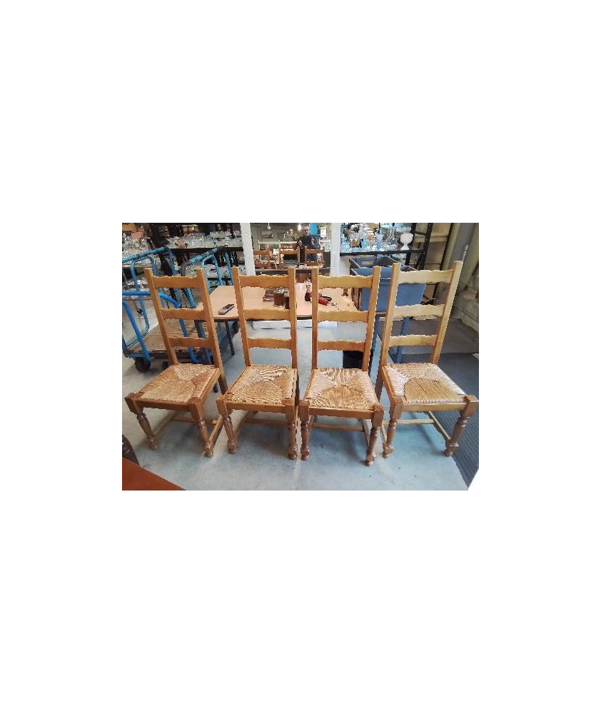 4  CHAISES BOIS PAILLÉ A ENTRETOISE HAUT DOSSIER 3 BARREAUX STYLE REGENCE 