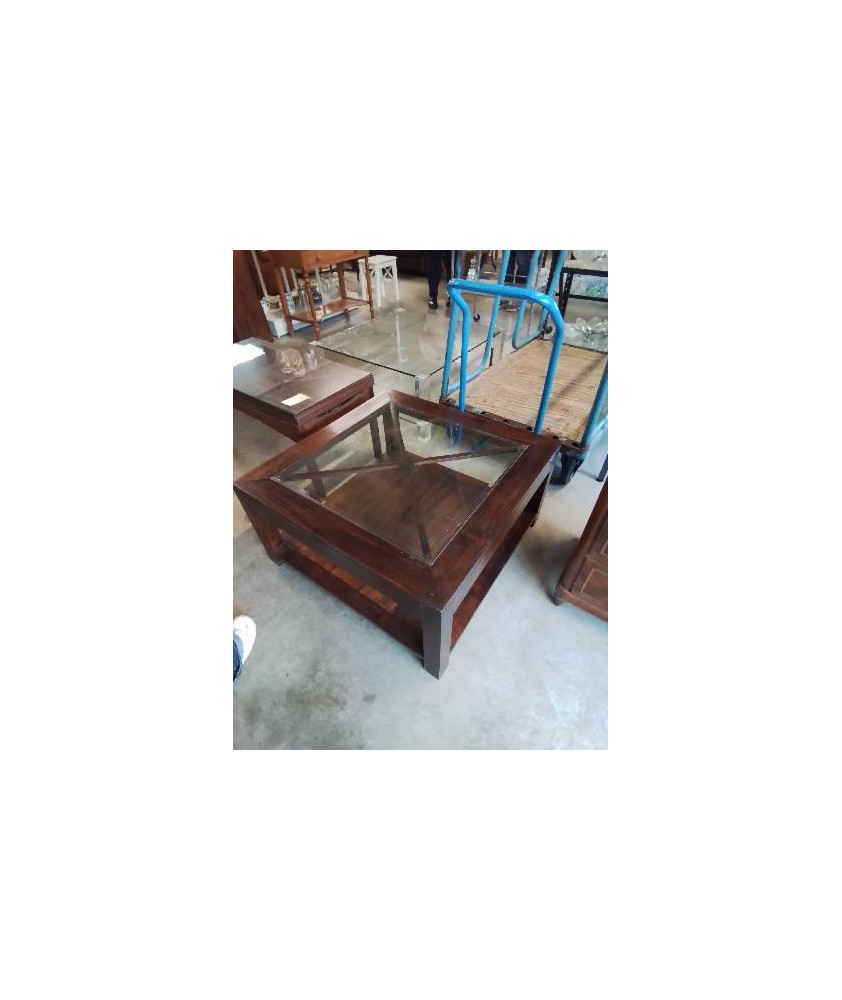 TABLE BASSE CARRÉE BOIS PLATEAU VERRE