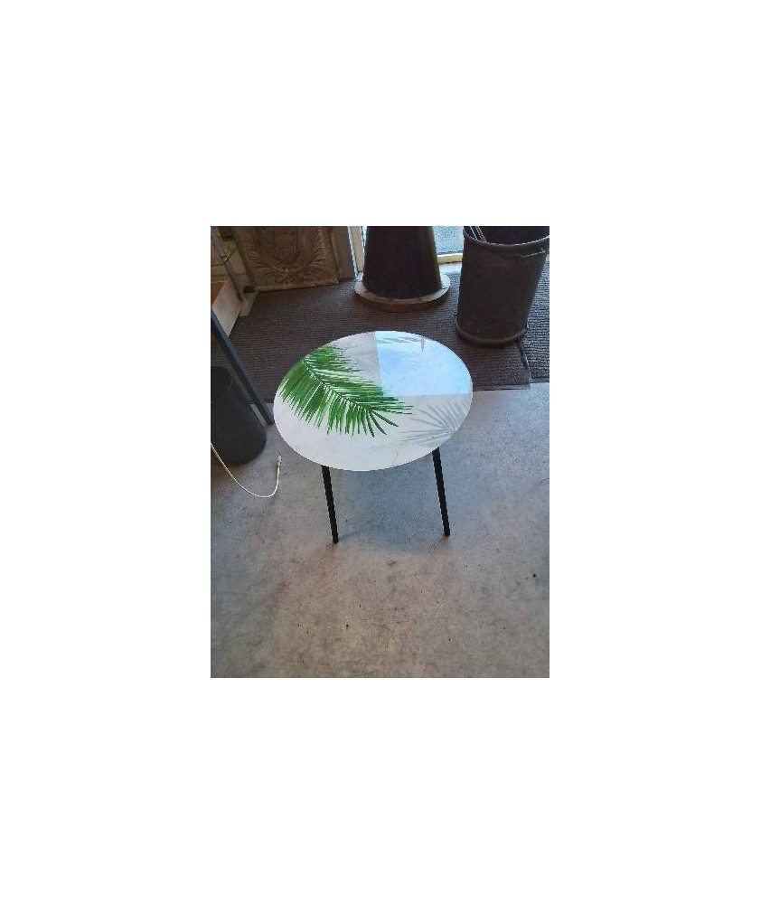 TABLE BASSE RONDE PIÈTEMENT MÉTAL NOIR PLATEAU VERRE DÉCOR FEUILLAGES 