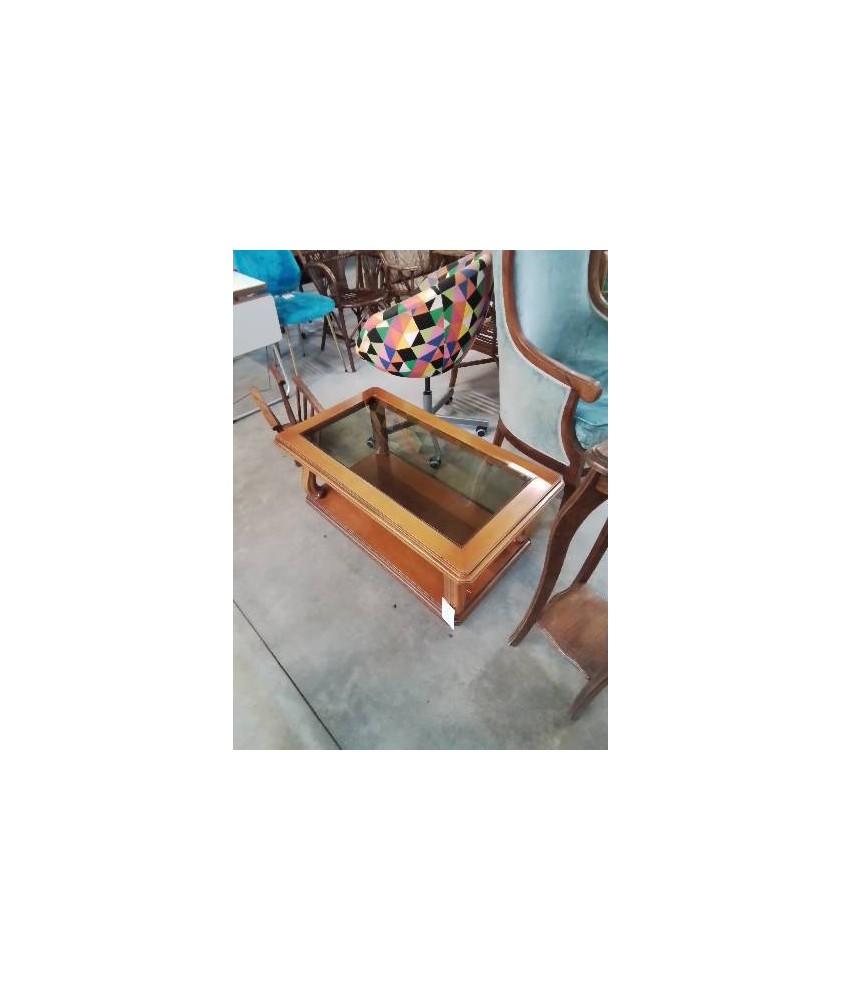 TABLE BASSE RECTANGULAIRE BOIS CLAIR 2 NIVEAUX DESSUS PLATEAU VERRE 