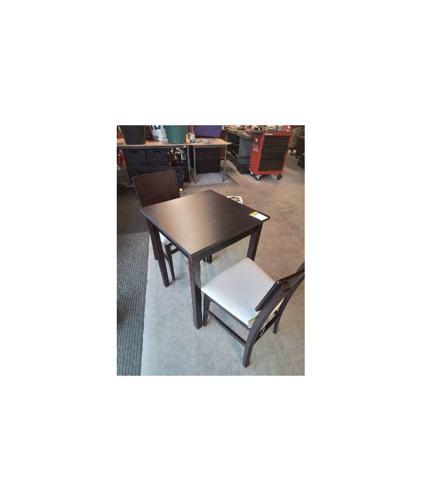 TABLE CARRÉ ET 2 CHAISES BOIS MARRON WENGE ASSISE PU BLANC