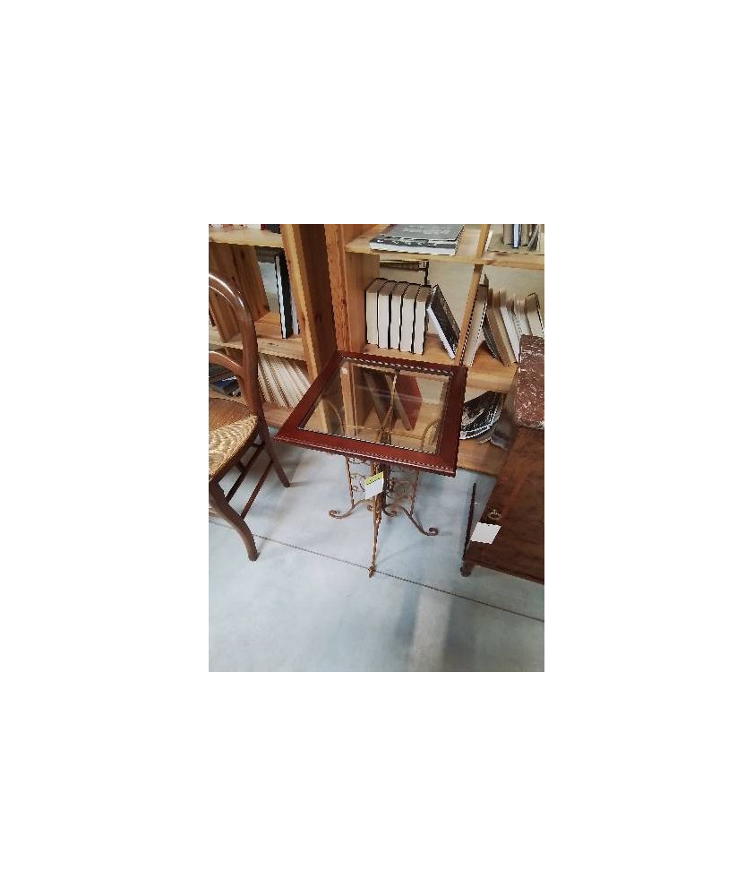 CONSOLE CARRÉE PIÈTEMENT MÉTAL OCRE DESSUS BOIS ET VERRE