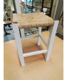 TABOURET CARRÉ BOIS PEINT ECRU PAILLÉ 