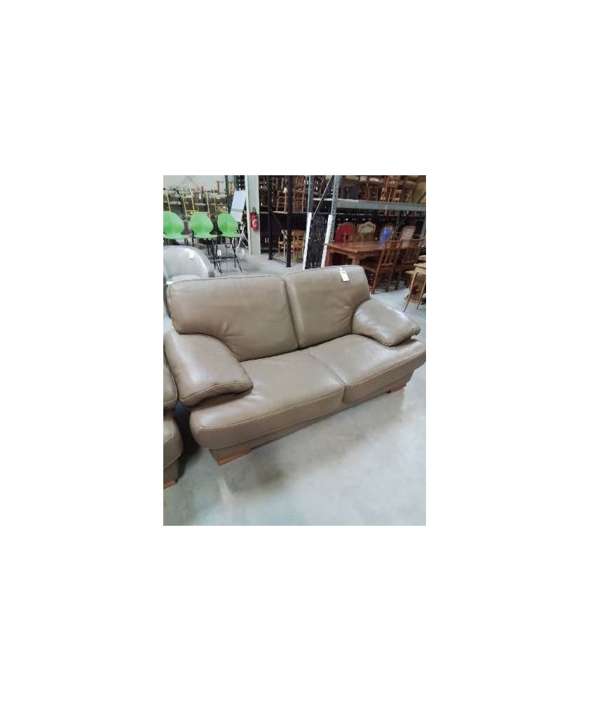 CANAPÉ 2 PLACES CUIR TAUPE PIEDS BOIS CLAIR 