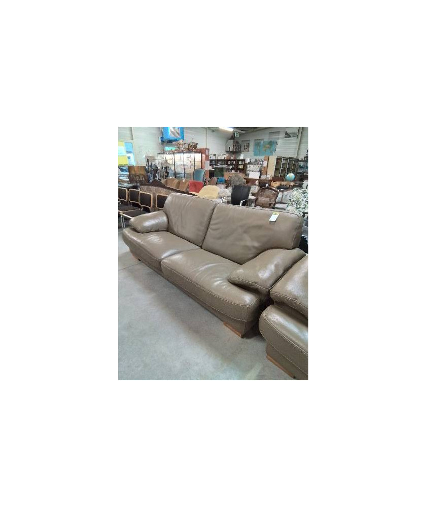 CANAPÉ 3 PLACES CUIR TAUPE PIEDS BOIS CLAIR