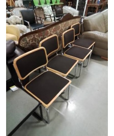 4 CHAISES PIÈTEMENT MÉTAL CHROMÉ ASSISE ET DOSSIER BOIS CLAIR CAPITONNÉ TISSU CHOCOLAT ITALIE 