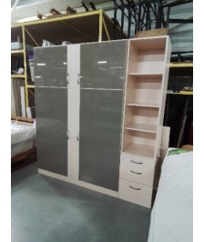 LIT ESCAMOTABLE BOIS CLAIR ET VERRE GRIS 3 TIROIRS  4 NICHES AVEC MATELAS MOUSSE 140X190CM