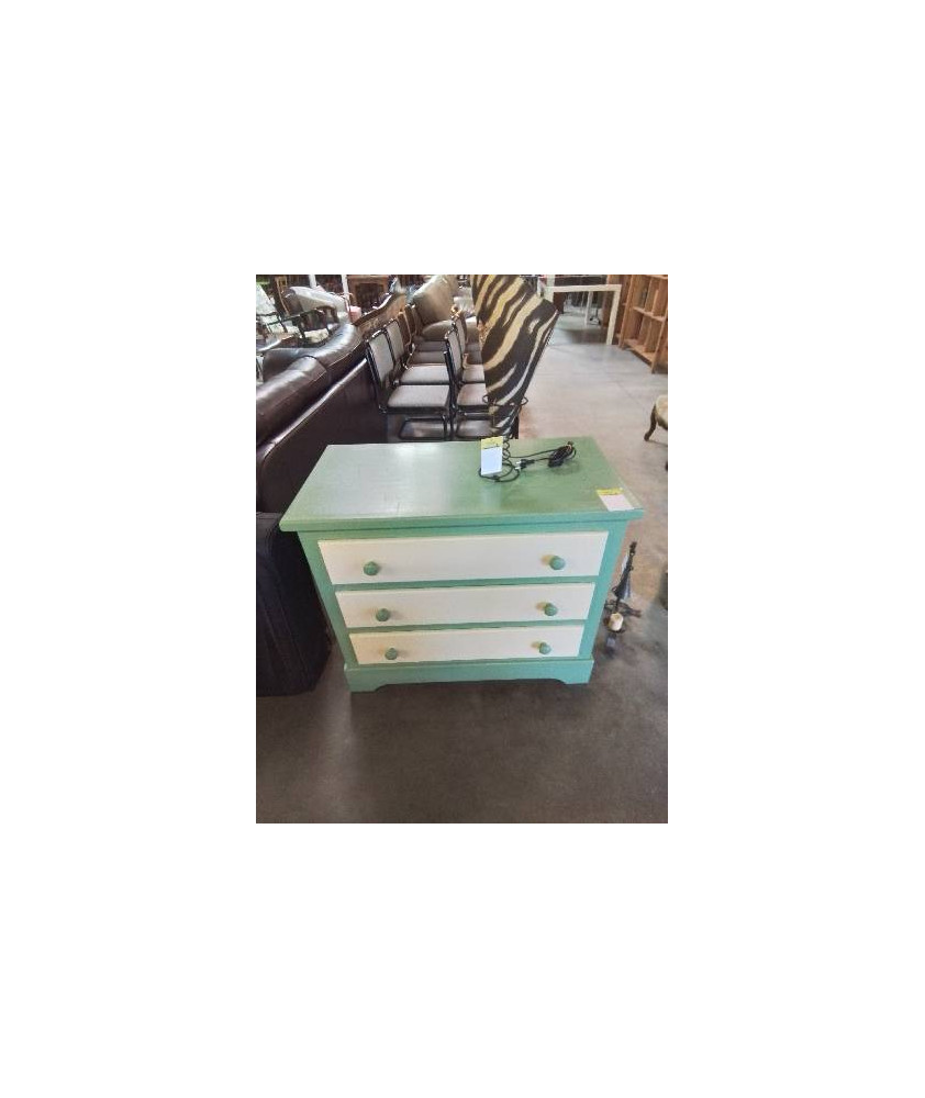 COMMODE BOIS PEINT VERT ET ECRU 3 TIROIRS 