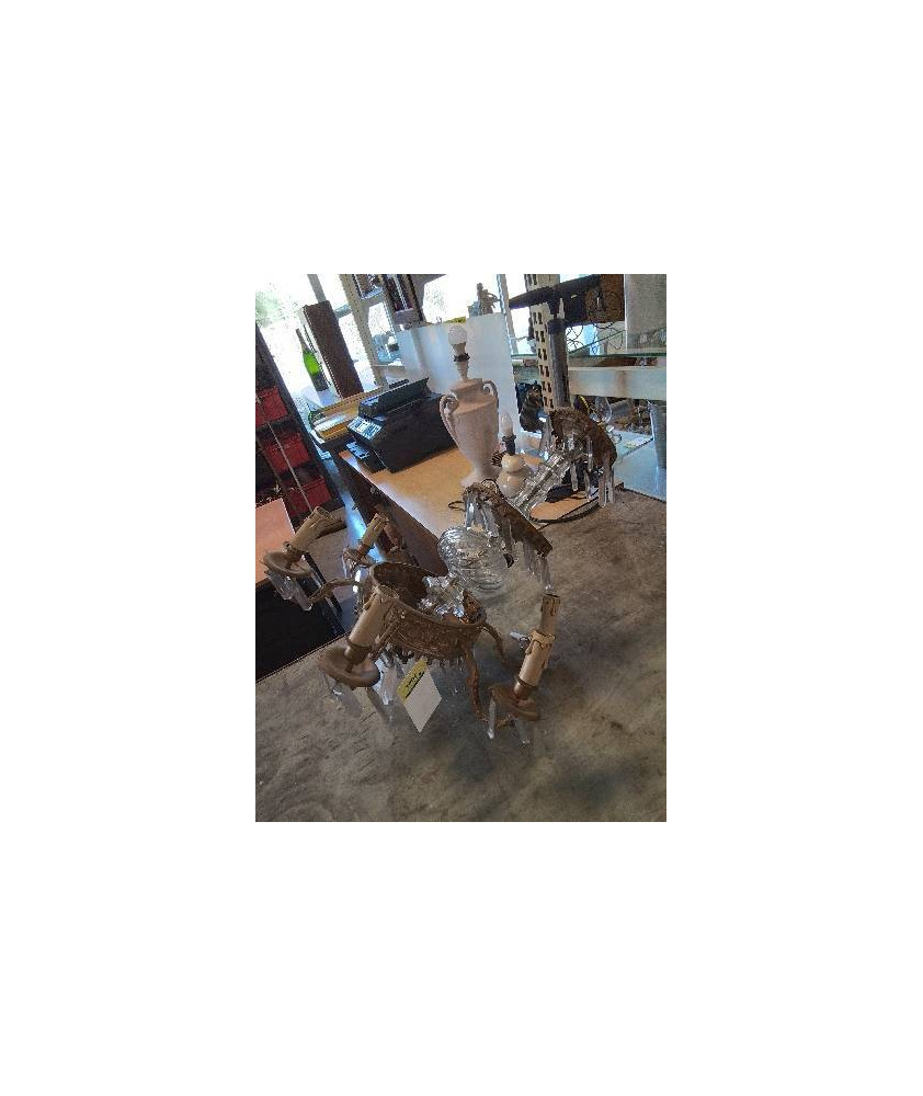 LUSTRE LAITON  ET VERRE A PENDELOQUES 6 FEUX FIN XIXE