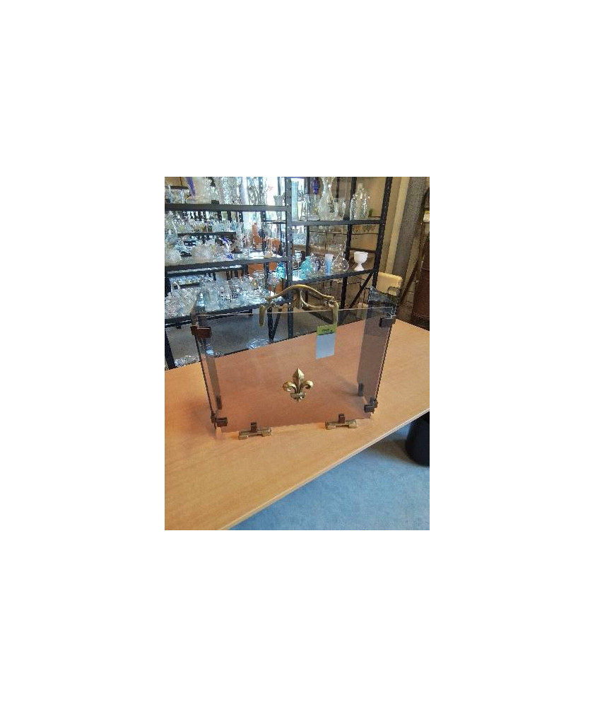 PARE FEU DE CHEMINÉE 3 VANTAUX VERRE TEINTÉ ET MÉTAL DORÉ A LA FLEUR DE LYS