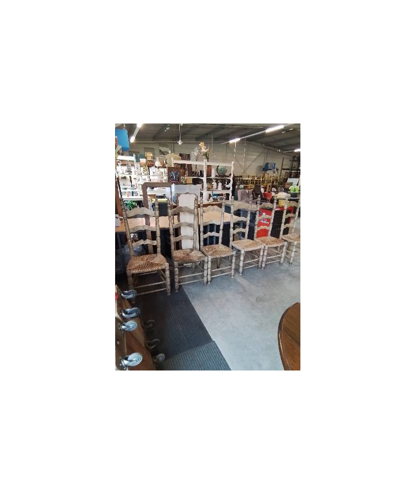 6 CHAISES PAYSANNE BOIS TOURNÉ ASSISE PAILLÉE HAUT DOSSIER MOUSTACHE 