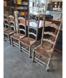 6 CHAISES PAYSANNE BOIS TOURNÉ ASSISE PAILLÉE HAUT DOSSIER MOUSTACHE 