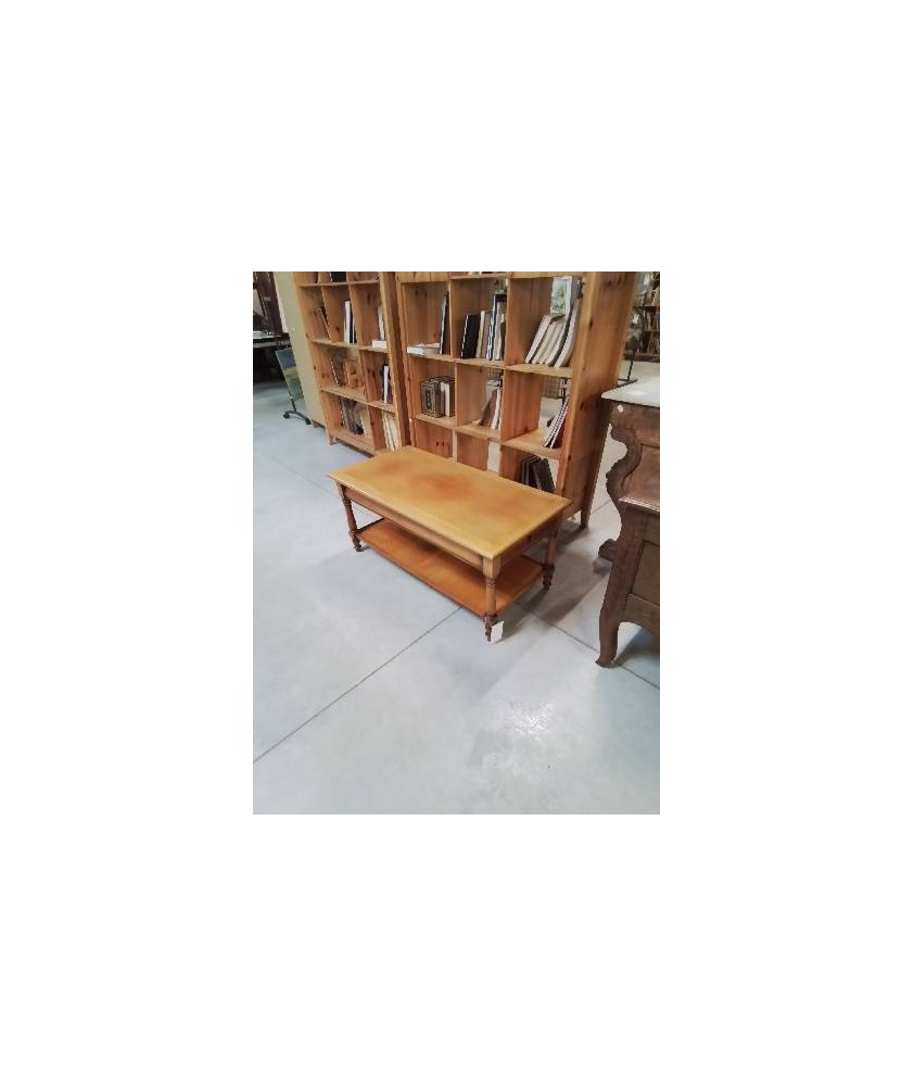 TABLE BASSE RECTANGULAIRE BOIS CLAIR A COLONNES 2 TIROIRS 