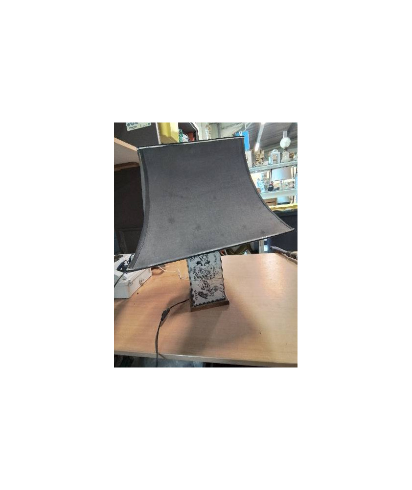 LAMPE RÉSINE DÉCOR ASIATIQUE SOCLE LAITON AJ GRIS ANNÉES 70