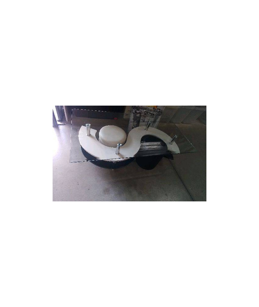 TABLE BASSE VERRE BISEAUTE + 2 POUFS