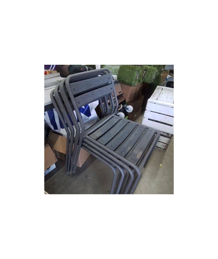 LOT DE 6 CHAISES DE JARDIN  GRISES À LATTES BOIS ET MÉTAL 