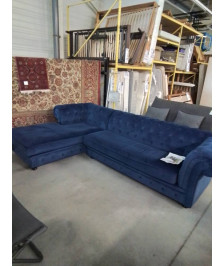 CANAPÉ D’ANGLE VELOURS BLEU GAUCHE STYLE CHESTERFIELD 