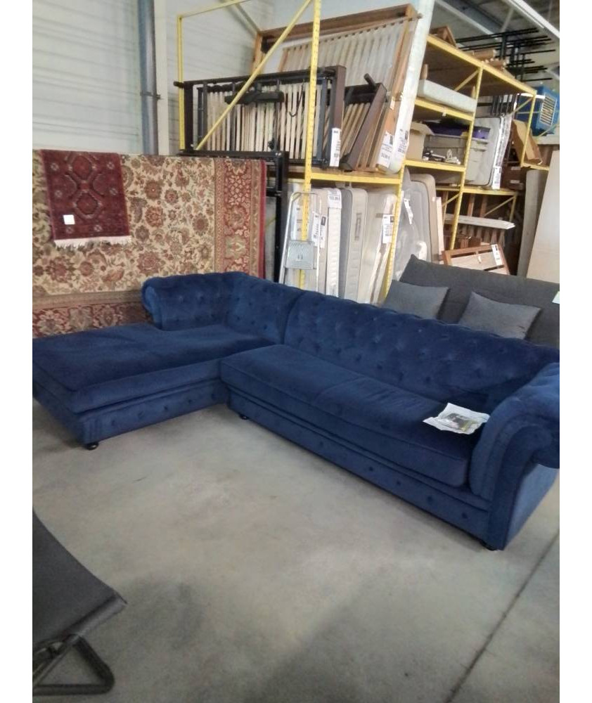 CANAPÉ D’ANGLE VELOURS BLEU GAUCHE STYLE CHESTERFIELD 
