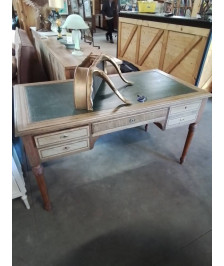 BUREAU PLAT BOIS 4 TIROIRS DESSUS CUIR VERT STYLE LOUIS XVI