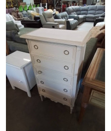 COMMODE HAUTE BOIS PEINT ECRU DESSUS TABLETTE VERRE BLANC 5 TIROIRS STYLE LOUIS XVI