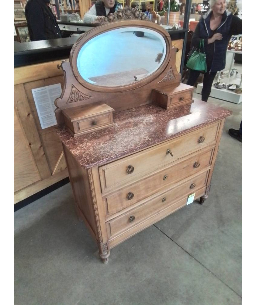 COIFFEUSE ART DÉCO BOIS MOULURÉ ET SCULPTÉ AUX ROSES 5 TIROIRS DESSUS MARBRE ROUGE VEINÉ