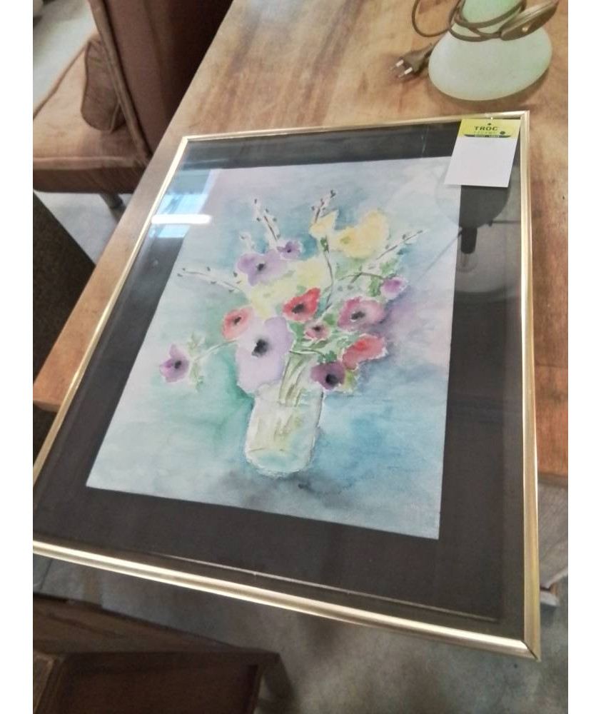 AQUARELLE BOUQUET DE FLEURS CADRE DORÉ 