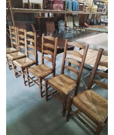 6 CHAISES BOIS PAILLÉ PIEDS BALUSTRE A ENTRETOISE DOSSIER 4 BARREAUX 