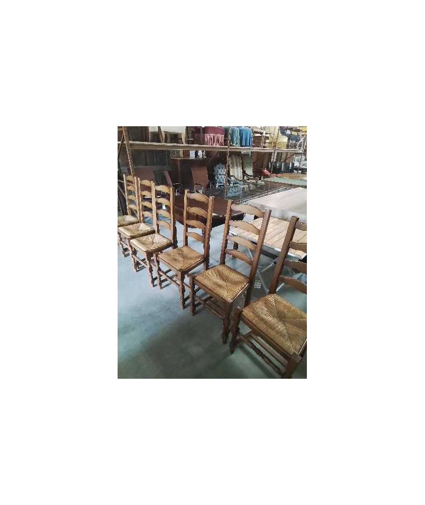 6 CHAISES BOIS PAILLÉ PIEDS BALUSTRE A ENTRETOISE DOSSIER 4 BARREAUX 