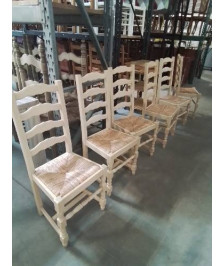 TABLE RECTANGULAIRE BOIS CLAIR 180X85X75CM 2RAL40CM +6 CHAISES BOIS PAILLÉ 