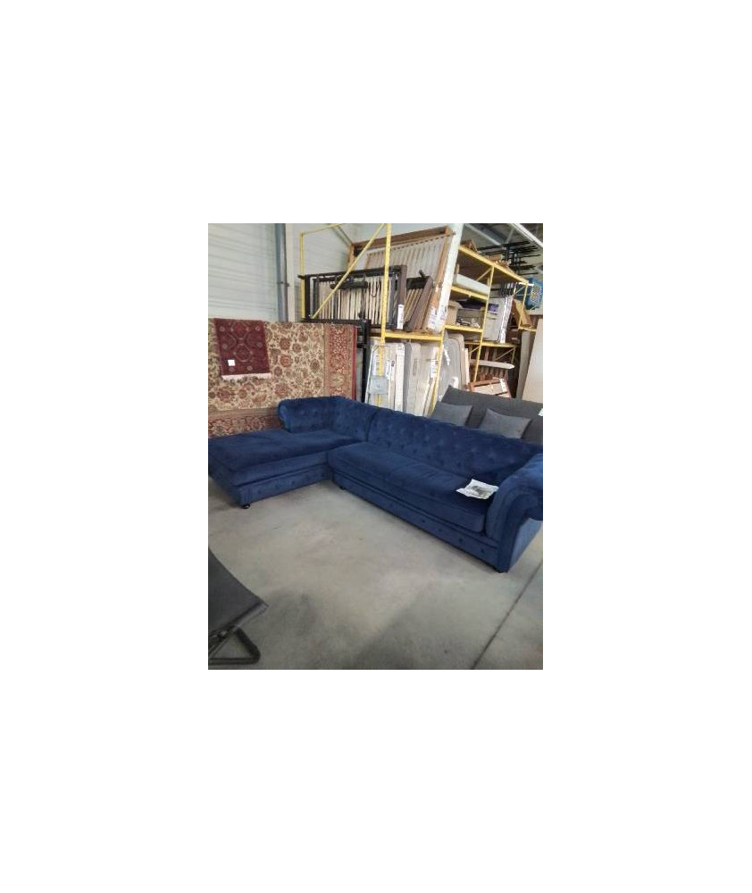 CANAPÉ D’ANGLE VELOURS BLEU GAUCHE STYLE CHESTERFIELD 