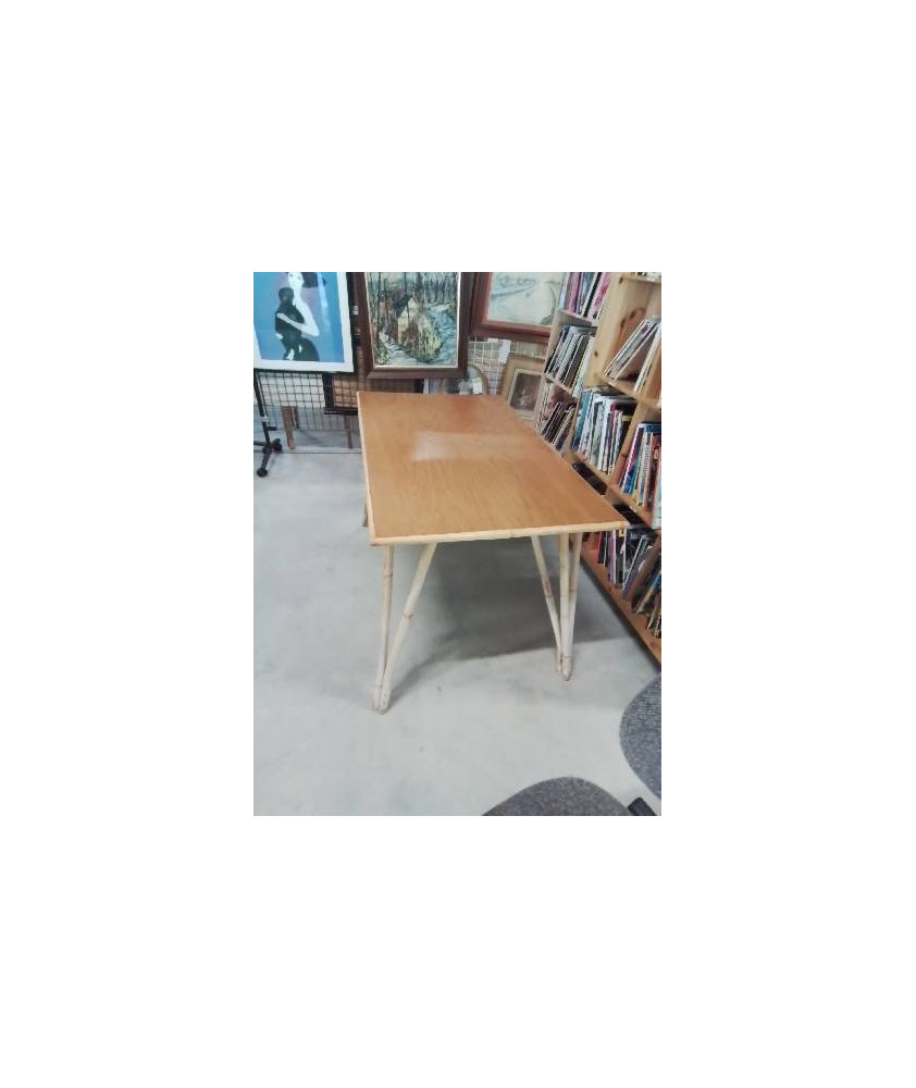 TABLE PIÈTEMENT ROTIN PLATEAU BOIS ANNÉES 60