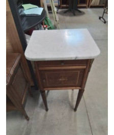 CHEVET BOIS MARQUETÉ GARNITURES BRONZE 1 TIROIR 1 POTTE DESSUS MARBRE BLANC STYLE LOUIS XVI