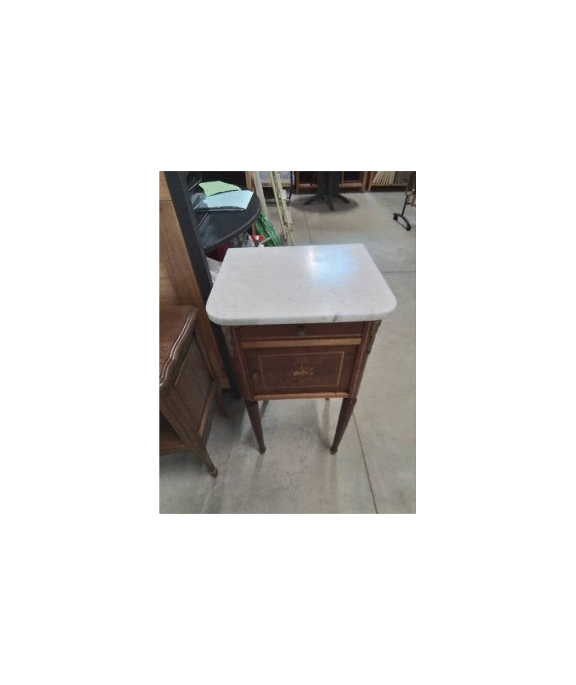 CHEVET BOIS MARQUETÉ GARNITURES BRONZE 1 TIROIR 1 POTTE DESSUS MARBRE BLANC STYLE LOUIS XVI