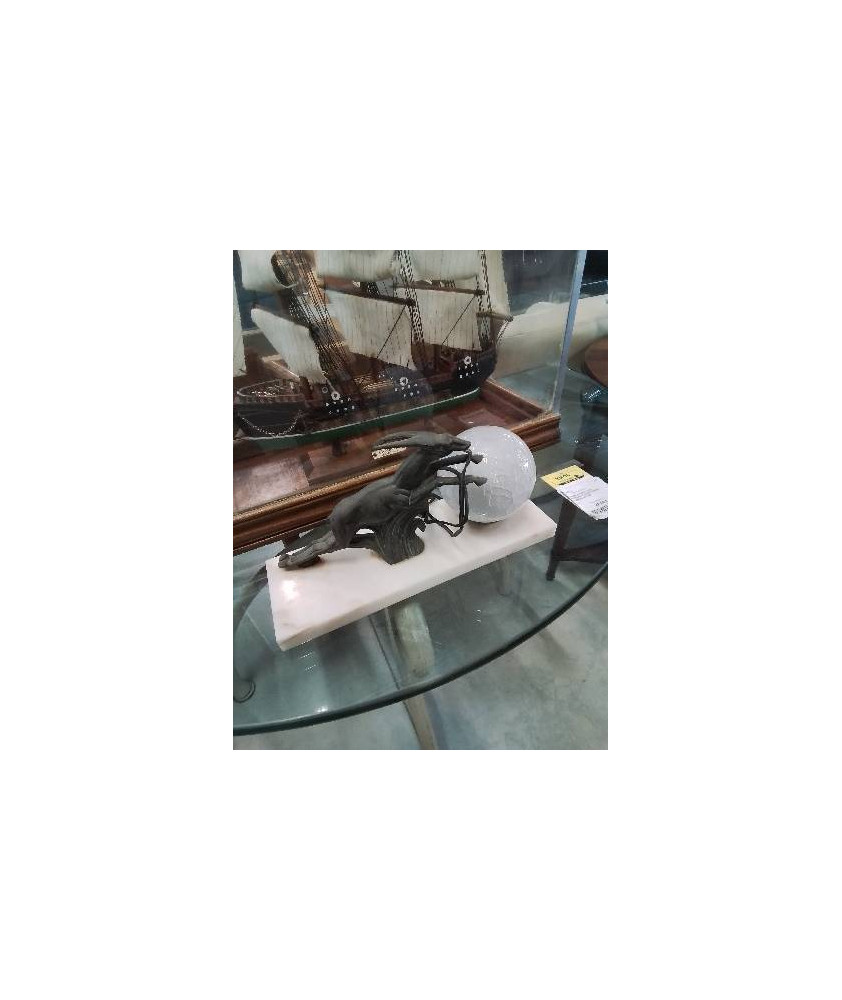 LAMPE ART DÉCO A L\'ANTILOPE METAL SOCLE MARBRE BLANC ET VERRE 