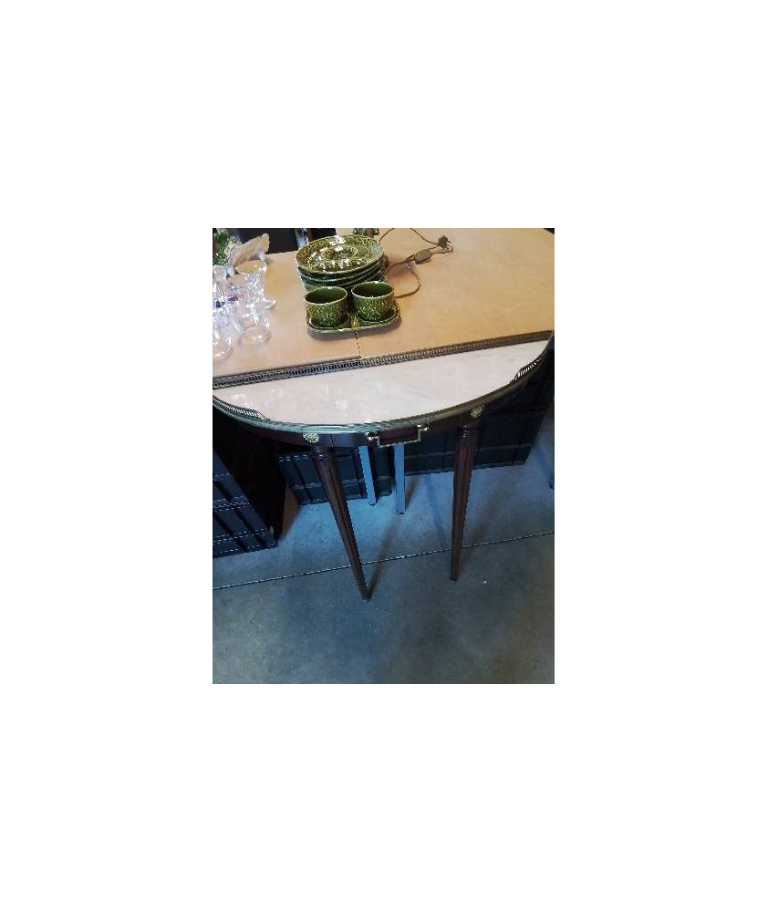 CONSOLE A GALERIE MURAL DEMI LUNE ACAJOU DESSUS MARBRE BLANC STYLE LOUIS XVI 