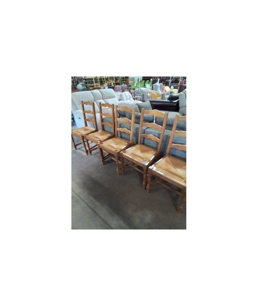 5 CHAISES A ENTRETOISE BOIS CLAIR PAILLÉ DOSSIER CHANTOURNÉ 3 BARREAUX