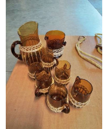 SERVICE A ORANGEADE VERRE TEINTÉ ET VANNERIE 8 PIÈCES ANNÉES 60