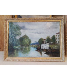 HUILE SUR TOILE D’ UN BORD DE RIVIERE D’UNE VILLE MINIÈRE 