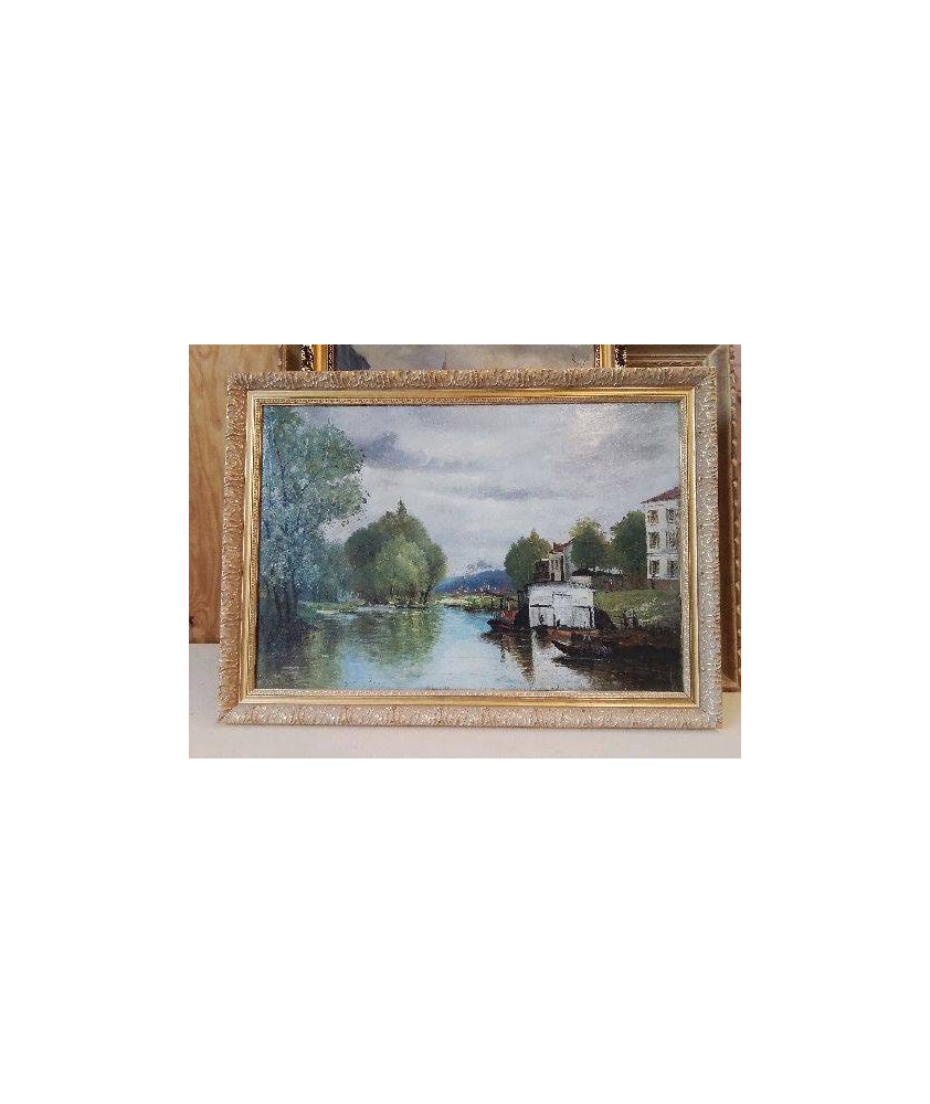 HUILE SUR TOILE D’ UN BORD DE RIVIERE D’UNE VILLE MINIÈRE 