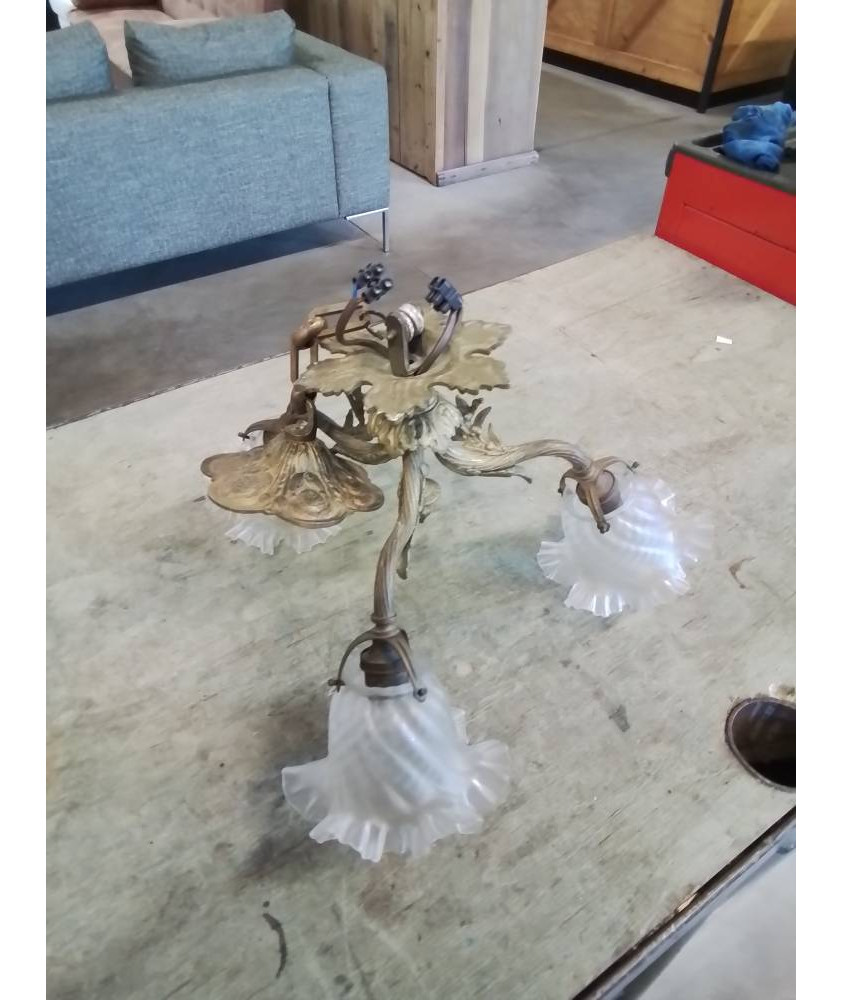 LUSTRE BRONZE 3 TULIPES VERRE OPALESCENT DEBUT XXE