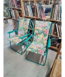 FAUTEUIL DE JARDIN PLIANT METAL VERT ET TISSU FLEURI 