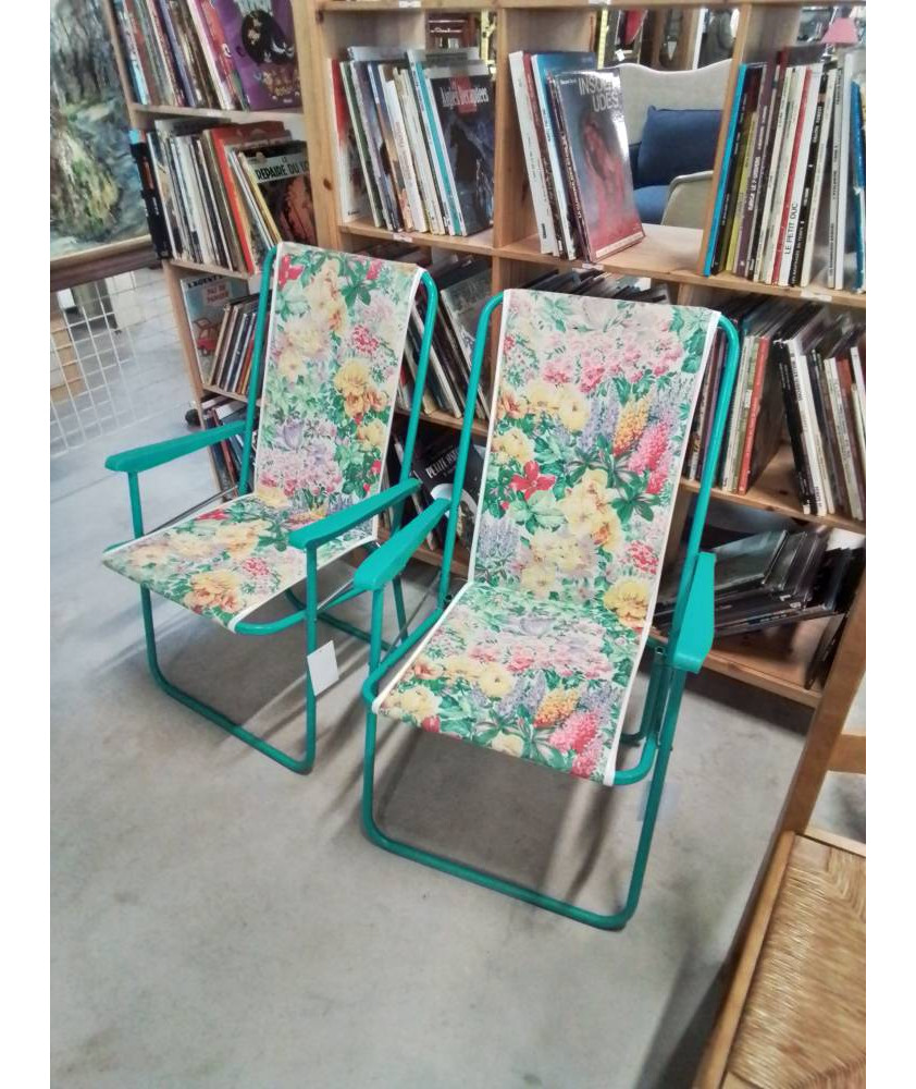 FAUTEUIL DE JARDIN PLIANT METAL VERT ET TISSU FLEURI 