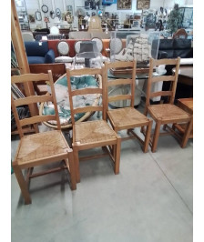 4 CHAISES BOIS CLAIR A ENTRETOISE BOIS PAILLÉ DOSSIER 3 BARREAUX CHANTOURNÉ 
