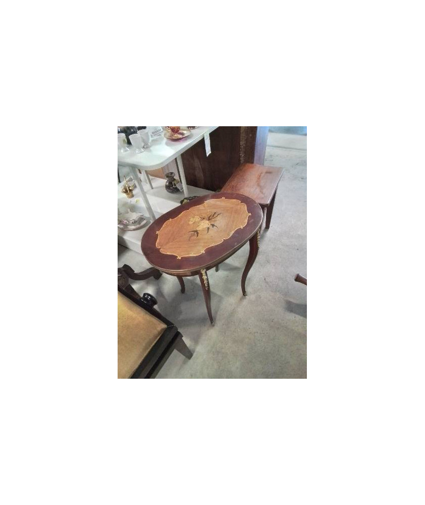 GUERIDON OVALE BOIS MARQUETÉ GARNITURES BRONZE STYLE TRANSITION 