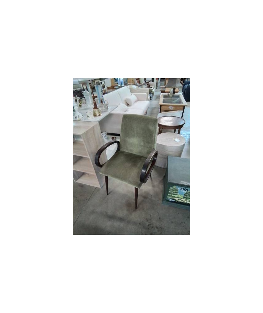 FAUTEUIL BOIS CAPITONNÉ VELOURS BRONZE ACCOTOIRS COURBÉ ANNÉES 60